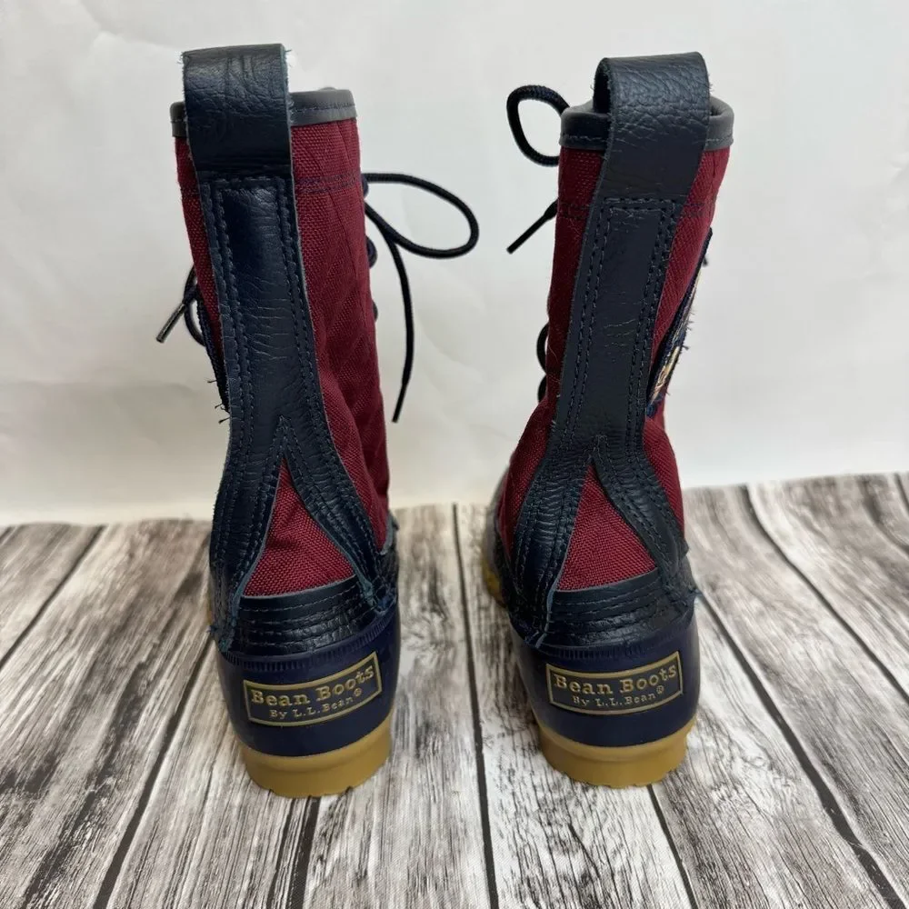 Women's LL Bean Explore the Maine Quilted Duck Boots 6 Navy Burgundy Tan
